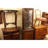 Walnut three drawer chest, double corner cabinet, standard lamp, two occasional tables,