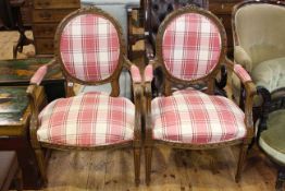 Pair French style oval panel back fauteuils
