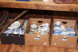 Three boxes of china including Cornish kitchen storage jars, tea china,