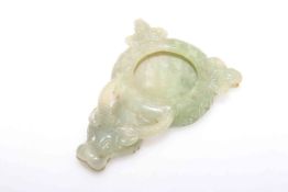 Chinese jade brush washer, carved with the head of a buffalo and rams head,