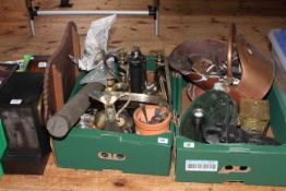 Copper coal scuttle, brassware, cutlery, oak and marble mantel clocks,