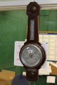 1930's carved walnut aneroid barometer-thermometer