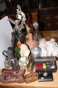 Collectables including two bisque head dolls, spelter figures, EP, leather slippers,