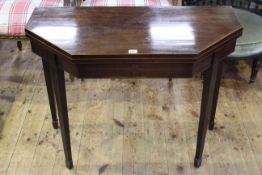 Georgian mahogany and satinwood banded D-shaped fold top tea table on square tapering legs,