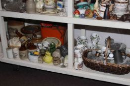 Stoneware bottles, enamel bread bin, apple basket, commemorative ware,