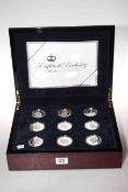 Display box with seventeen Queens 80th Birthday £5 Crown size silver proof coins,
