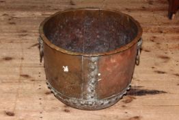 Large copper log bin with lion mask and ring handles