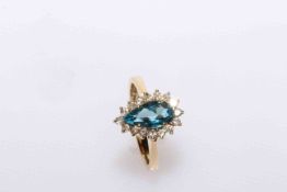 14 carat gold, blue topaz and diamond ring,