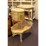 Marble and gilt oval three drawer chest,