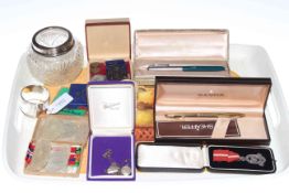 Silver topped jar and napkin ring, Sheaffer and Parker pens, war medals, coins, necklaces,