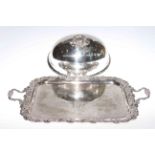 Embossed and engraved silver plated two handled tray and silver plated meat dome