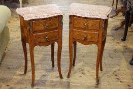Pair Continental inlaid marble topped and ormolu mounted two drawer pedestals, 72.