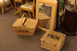 Two picnic baskets and four beech framed wall mirrors (6)