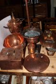 Copper wares including tea urn, hot water bottle, pan lids, box, bowls,
