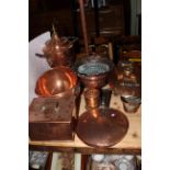 Copper wares including tea urn, hot water bottle, pan lids, box, bowls,