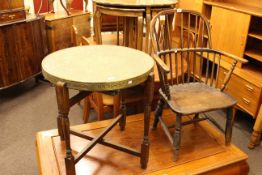 Elm spoke back Windsor chair and circular brass topped folding coffee table (2)