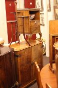 Walnut two drawer bow front pedestal, walnut two door television cabinet, circular nest of table,