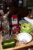 Canteen of King pattern cutlery, spelter figure, footstools, antique bowl and jardiniere,