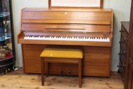 Rogers teak cased upright overstrung piano and stool,