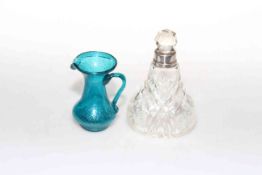 Silver collared scent bottle and a green glass small ewer