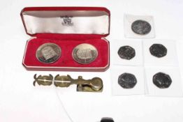 Two cased Jersey proof coins, sovereign scales, Beatrix Potter 50 pence set,