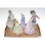 Three Royal Doulton figures and two Lladro figures