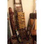 Vintage sack barrow, pair steps, Singer sewing machine, two sledges,