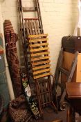 Vintage sack barrow, pair steps, Singer sewing machine, two sledges,