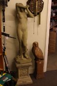 Classical maiden garden figure on plinth base, 165cm tall and owl garden figure,