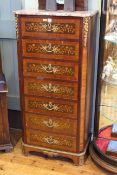 Continental inlaid and ormolu mounted marble topped seven drawer chest,
