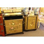Black and gilt lacquered cylinder bureau, black and gilt lacquered four door bow end cabinet,
