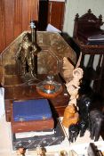 Decorative brass tray, figure lamp, assorted cutlery, ebony elephants, carved wood animals,