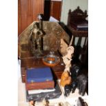 Decorative brass tray, figure lamp, assorted cutlery, ebony elephants, carved wood animals,