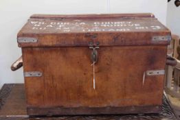 Vintage leather and metal bound trunk, bears stencilled RAF inscription to WG. CDR. J.A. COONEY. 69.