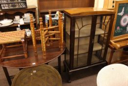 Oak demi lune drop leaf side table, Eastern brass folding coffee table, bobbin leg stool,