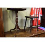 Georgian mahogany circular snap top occasional table and Victorian carved oak bobbin leg stool