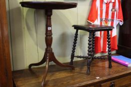 Georgian mahogany circular snap top occasional table and Victorian carved oak bobbin leg stool