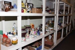 Full shelf of china including vases, ornaments, Delphati dinnerware, Staffordshire,