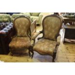 Pair Victorian mahogany framed spoon back ladies and gents chairs