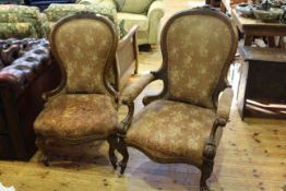 Pair Victorian mahogany framed spoon back ladies and gents chairs