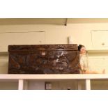 Carved Eastern camphorwood trunk (for restoration) and German Heubach bisque head doll, No.