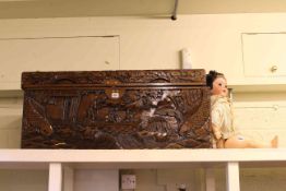 Carved Eastern camphorwood trunk (for restoration) and German Heubach bisque head doll, No.