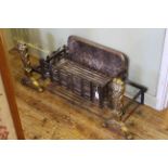 Cast fire basket and pair brass lion andirons