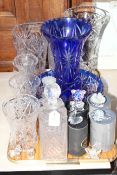 Blue cut glass vase and bowl, glass decanters and vases, Swarovski and other glass ornaments,