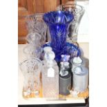 Blue cut glass vase and bowl, glass decanters and vases, Swarovski and other glass ornaments,