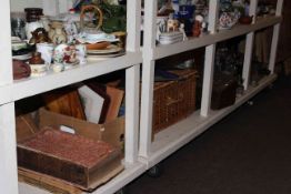 Assorted glassware, slipper box, mantel clock, wicker basket, books,
