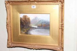 A*** Cowley, The silver strand, Loch Katrine, signed, oil on board, framed, 17cm by 24.