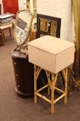 Circular hardwood chest of three drawers, box stool, cane plant stand,