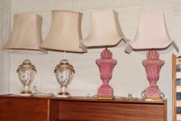Two pairs of pottery table lamps and shades