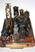 Two miners lamps and mining ornaments, metal money boxes, clock, 'The Cheats' playing card ornament,